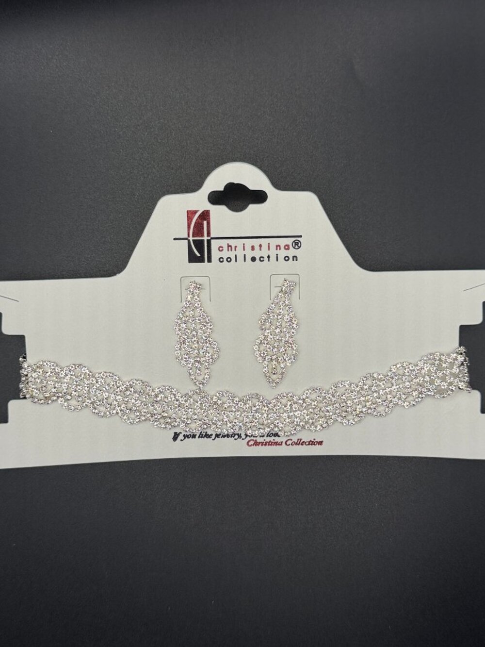 Christina Collection Silver Tone Rhinestone Choker Necklace & Earrings Bridal Je